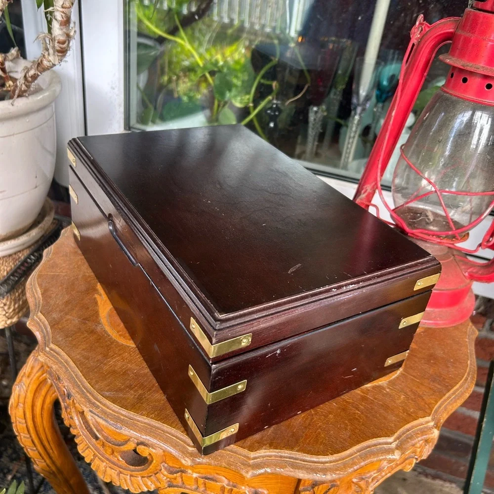 Vintage Wooden Jewelry Box with Brass Accents